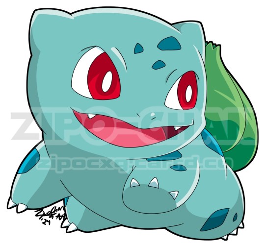A simple drawing of a bulbasaur. They’re drawn in a mildly excited pose, looking over their left shoulder.