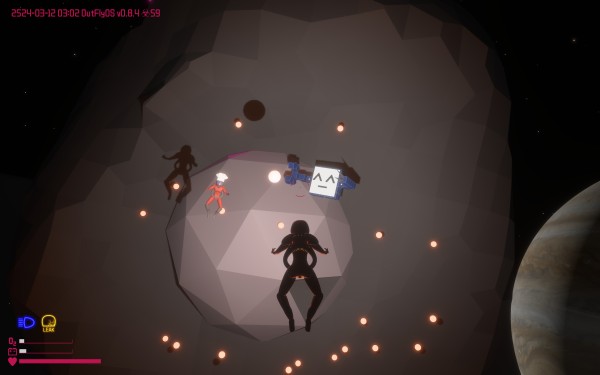 A screenshot of the game OutFly with various objects and persons floating in space, casting shadows from a flashlight of the player who is visible from behind from a third-person perspective. This screenshot also demonstrates the new notification lights that look like car dashboard warning lights, with a blue high-beam icon for the active flashlight, and a yellow "suit leak" icon indicating that the suit is leaking oxygen. It also shows the new health bar, oxygen bar, and battery capacity bar, which also attempt a car-dashboard-like look.
