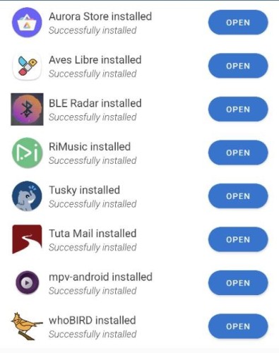 Screenshot of F-Droid showing installed updates to:

Aurora Store. 
Aves Libre. 
BLE Radar. 
RiMusic. 
Tusky. 
TutaMail. 
MPV Android. 
WhoBird.