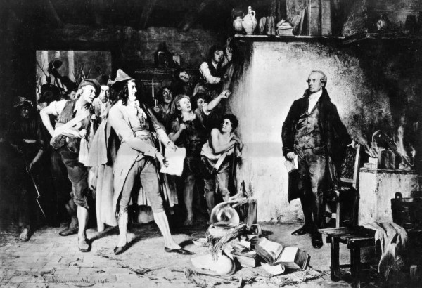 The Arrest of Lavoisier, a fantastical representation created in 1876 by history painter Ludwig von Langenmantel.

Black and white historical painting depicting a group of animated colonial figures in a lively debate (The Arrest of Lavoisier), with one stately man standing reservedly at the right (Lavoisier).