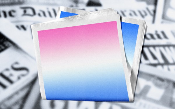 background has lots of newspapers, the front has a folded newspaper with a pink to blue gradient on it