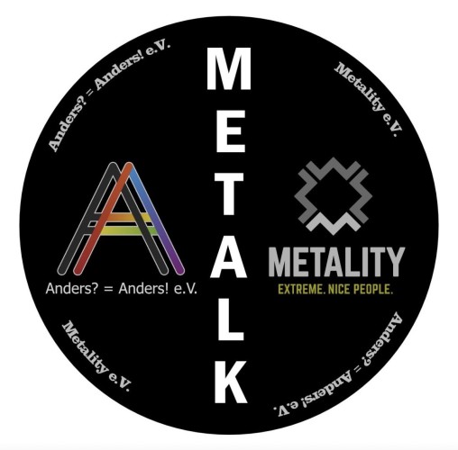Metalk Logo - auf der linken Seite Anders? = Anders! e.V., auf der rechten Seite Metality Extreme. Nice. People 