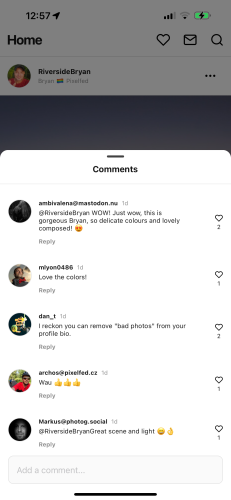 Pixelfed mobile app with the new inline comment feature that loads comments inline so you don't lose your position on your feed