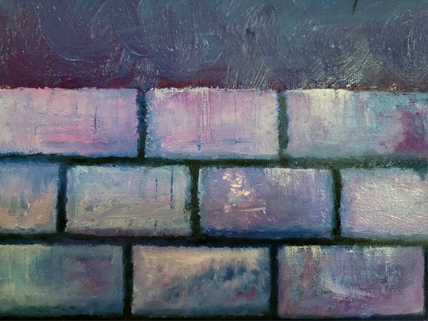 A close up of a brick wall in a painting.  It's colored in blues, pinks and purples.