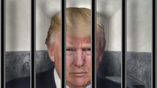 Donald Trump frowning behind prison bars
