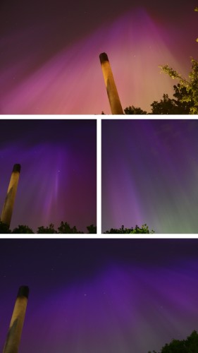 A collage of four photos of the northern lights in pinks, purples and greens