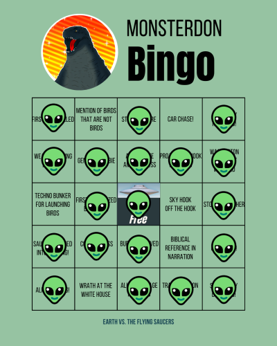 Monsterdon Bingo card, marked, showing only 6 out of 25 spaces uncovered.
