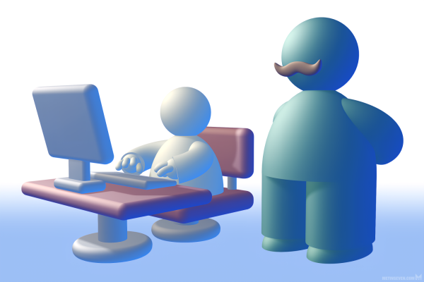 Icon-style 3D illustration, showing a father with a moustache, watching his kid use MSN Messenger on a desktop computer.